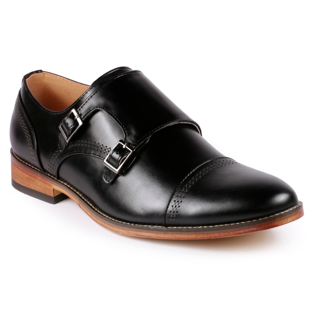Men's Black Double Monk Strap Loafer Dress Shoe - Picture 1 of 5